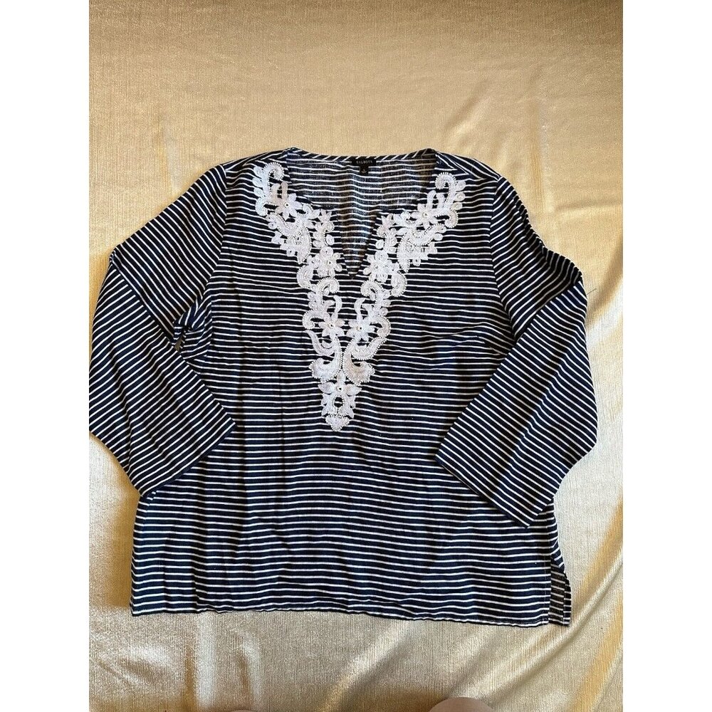 Talbots Beaded Navy Stripe 100% Linen Tunic Top Embellished V Neck‎ Sz Large